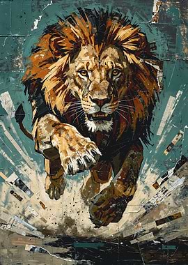 Orange Teal Charging Lion Collage