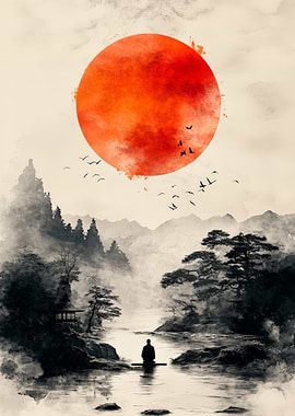 Zen Meditation by a Red Sun