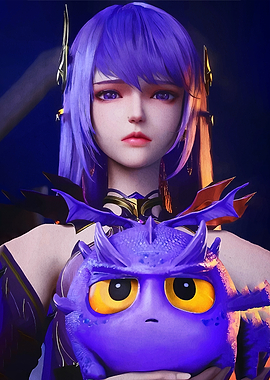 Anime Girl with Purple Hair and Creature