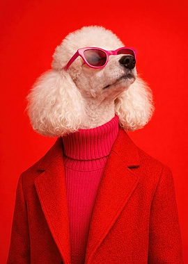 Stylish Poodle in Sunglasses and Red Coat