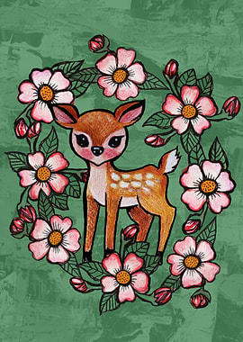 Cute Fawn Surrounded by Flowers