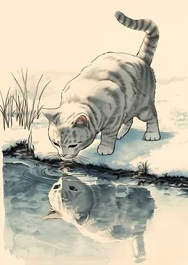Cat drinks from water reflection
