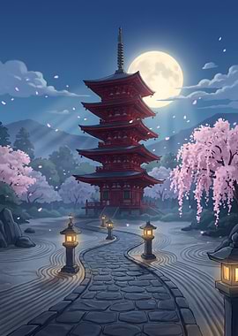 Japanese Temple Night with Cherry Blossoms