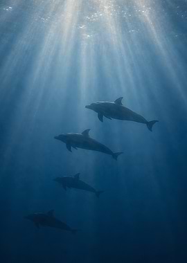 Dolphins swimming in sunlit ocean