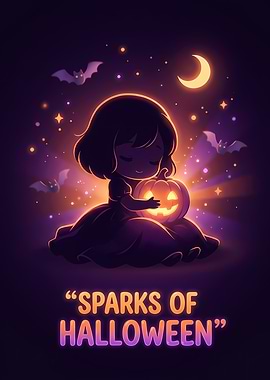 Moonlit Halloween Magic – Cute Girl Holding Glowing Jack-o'-Lantern Under Crescent Moon