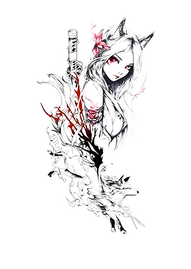 Anime Fox Girl with Sword and Wolf