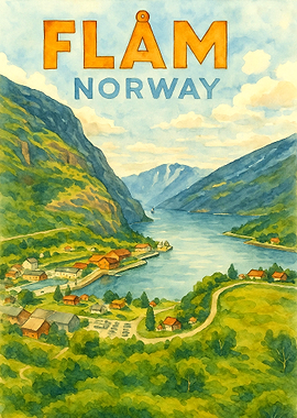 Flåm Norway Vintage Travel Poster | Watercolor Fjord Village Wall Art