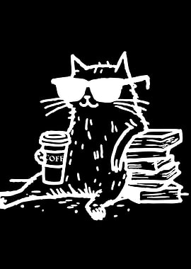 Cool cat with coffee and books
