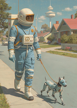 Astronaut walking a robot dog