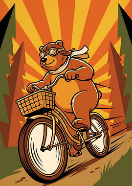 Bear riding a bicycle in the forest