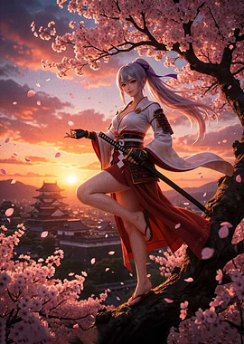 Samurai Girl Under Cherry Blossoms