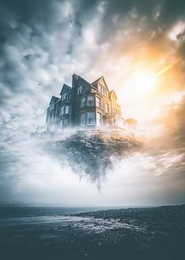 Floating House in Misty Sky