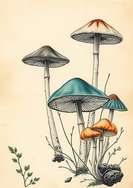 Botanical Illustration of Assorted Mushrooms
