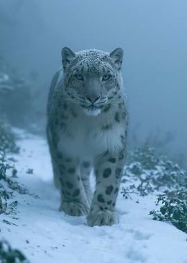 Snow Leopard in Snowy Forest
