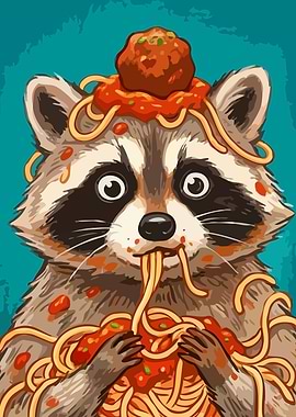 Raccoon Eating Spaghetti