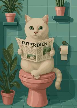 Cat Reading Newspaper in toilet