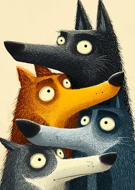 Four Cartoon Wolves Stacked Together