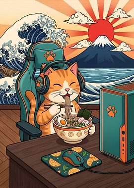 Gamer Cat Eating Ramen with Mount Fuji