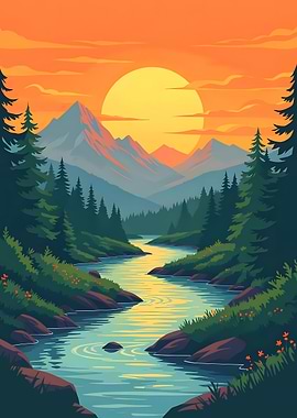 Sunset Over Mountain River Landscape