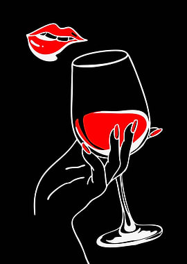 Woman's hand holding wine glass with red lips
