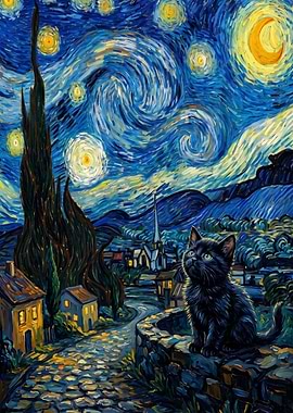Black Cat in Starry Night