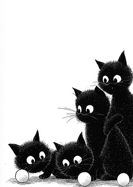 Four Black Kittens Playing with Balls