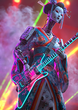 Cyberpunk Geisha Robot Playing Guitar