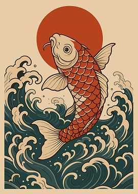 Koi Fish Jumping Through Waves