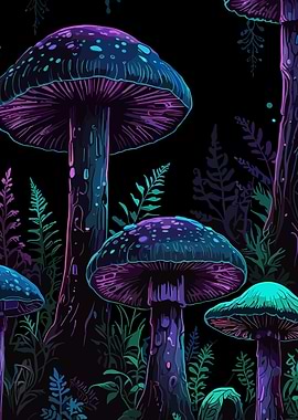 Neon Mushroom Poster, Psychedelic Forest Wall Art, Fantasy Glowing Nature Print