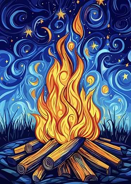 Campfire under a starry night sky