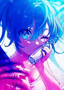 Anime Girl with Blue Hair and Soda Bottle