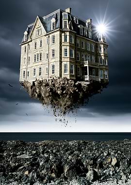Floating Mansion Above Rocky Shore