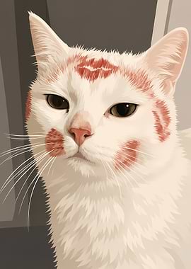 White Cat with Red Lipstick Marks