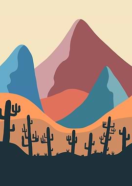 Desert Landscape with Cacti and Mountains
