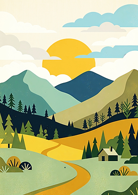Stylized Mountain Landscape with Cabin