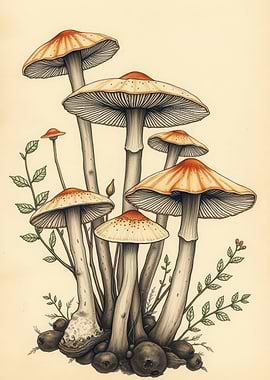Mushroom Illustration with Foliage