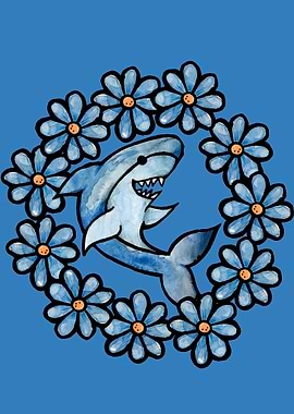 Cute Shark Surrounded by Flowers