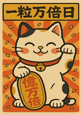 Lucky Cat Poster, Maneki Neko Japanese Wall Art, Prosperity Fortune Decor Print
