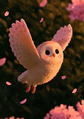 Cute Owl Flying Among Cherry Blossoms