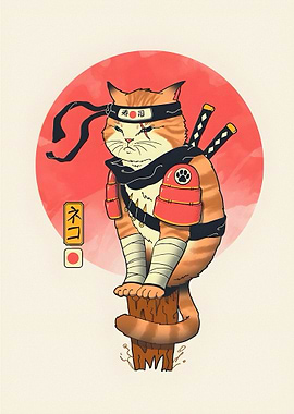 Samurai Cat with Japanese Sun
