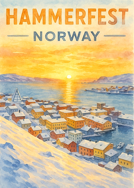 Hammerfest Norway Vintage Travel Poster | Watercolor Arctic Harbor Sunset Wall Art