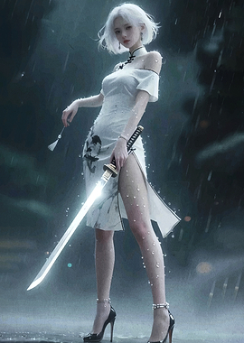 Woman with Sword in Rain