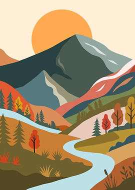 Autumn Mountain Landscape with River