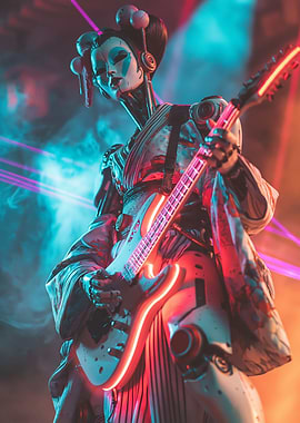 Cyberpunk Geisha Robot Playing Guitar