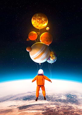 Astronaut holding planet balloons