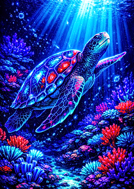 Bioluminescent Sea Turtle in Coral Reef