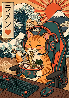 Gamer Cat Eating Ramen Kanagawa Wave
