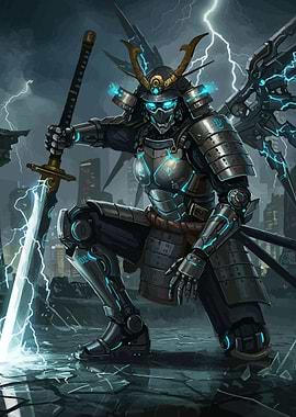 Cyberpunk Samurai Warrior with Lightning Sword