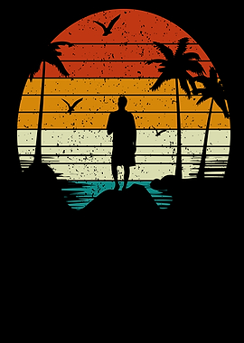 Retro Sunset Beach Scene