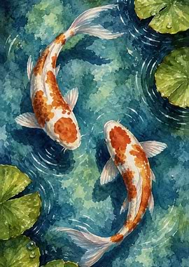 Two Koi Fish in a Pond